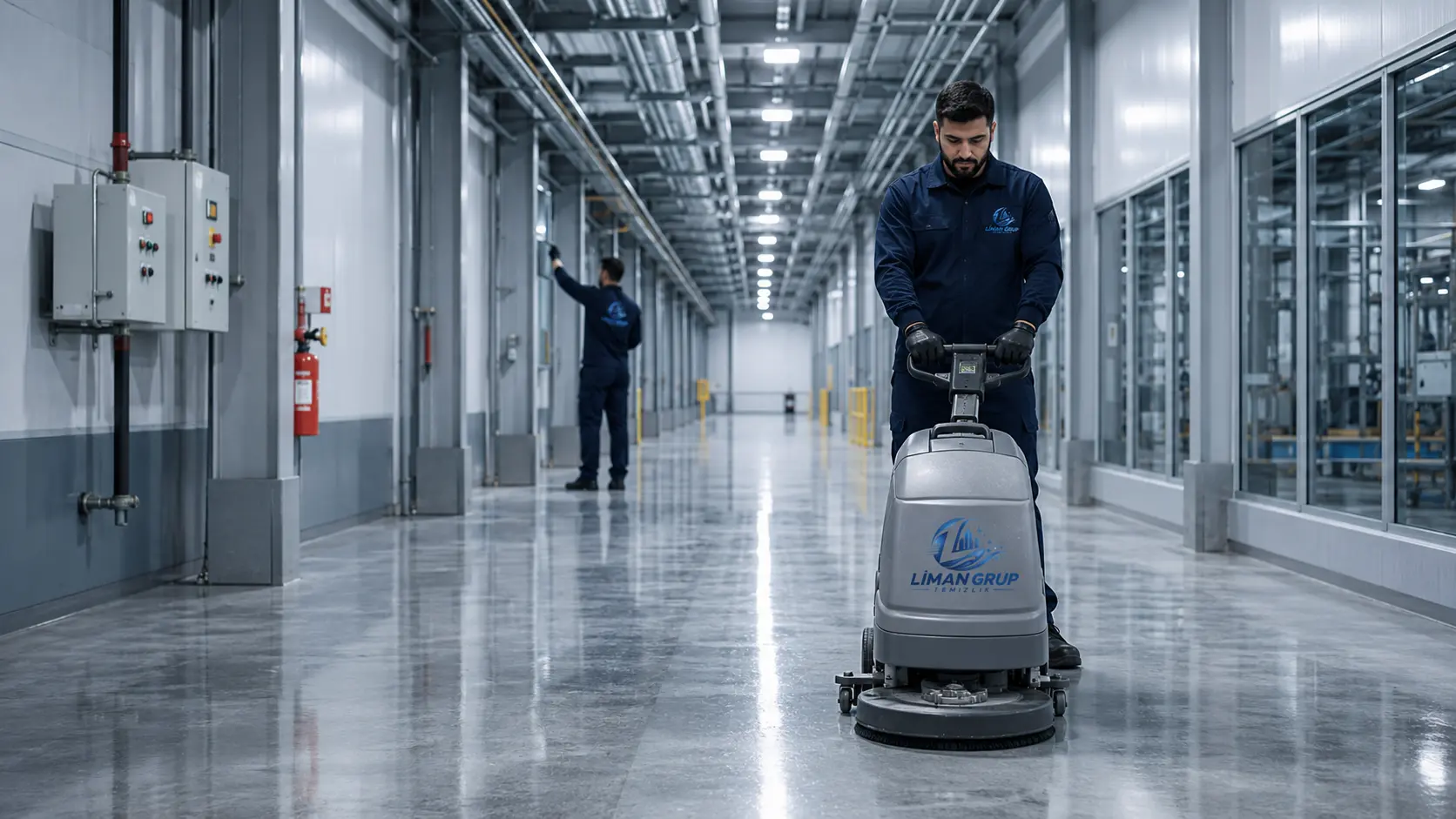 Liman Grup Temizlik personelinin fabrika zeminlerini profesyonel şekilde temizlemesi